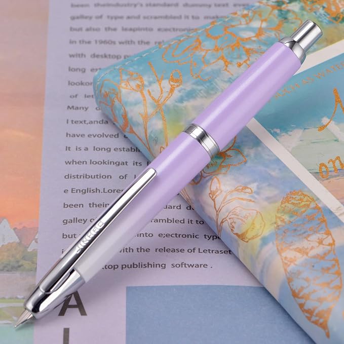 Jinhao 10 Press Fountain Pen with Box, Gradient Light Purple Retractable Medium Nib with Ink Converter Set (Silver Clip)