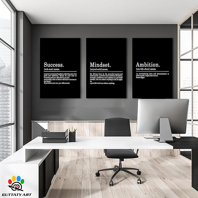 3 Piece Inspirational Wall Art - Success Mindset Ambition Quotes Canvas Art Prints for Men Women Gift, Office Wall Art Pictures, Motivational Poster Framed Artwork for Home Office Decor 24”x36”x3Pcs