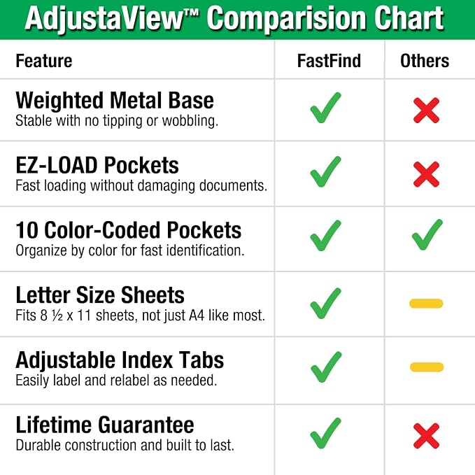 Ultimate Office AdjustaView FastFind 10-Pocket Desktop Reference Display Organizer with Assorted Colored EZ Load Pockets to Display 20 Sheets of Your Most Important Letter Sized Documents