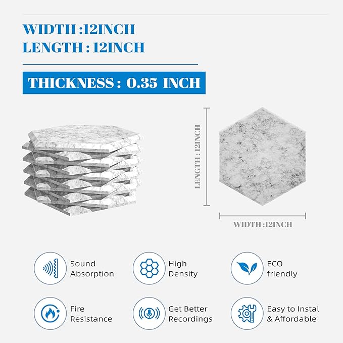 15 Pack Hexagon Sound Proof Foam Panels for Walls, Acoustic Panels 12" x 12" x 0.35" High Density Sound Absorbing Tiles for Home Studio, Office, Gaming Room & Theater