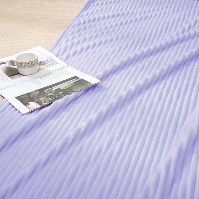 Vessia Flannel Fleece Throw Blanket for Couch,Sofa,Bed, 300GSM Striped Lavender Blanket for Adults and Kids, Super Soft Warm Cozy Lightweight Ribbed Lilac Throw for All-Season(Light Purple)