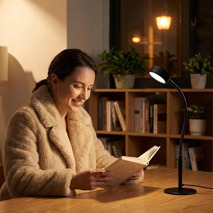 6W LED Desk Lamp with Gooseneck and US Adapter, CRI 90 | Metal Dimmable Reading Light, 3 Colors and 10 Brightness Levels, for Office Study