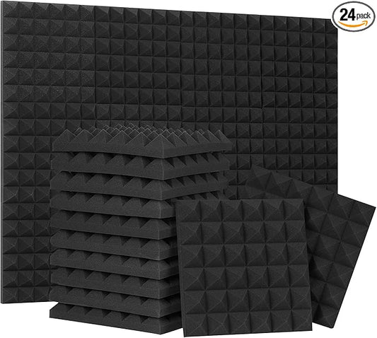 24 Pack Black 12 x 12 x 2 Inches Pyramid Designed Acoustic Foam Panels, Sound Proof Foam Panels for Walls, High Density and Flame-Retardant Acoustic Panels, Sound Panels for Recording and Home Studio