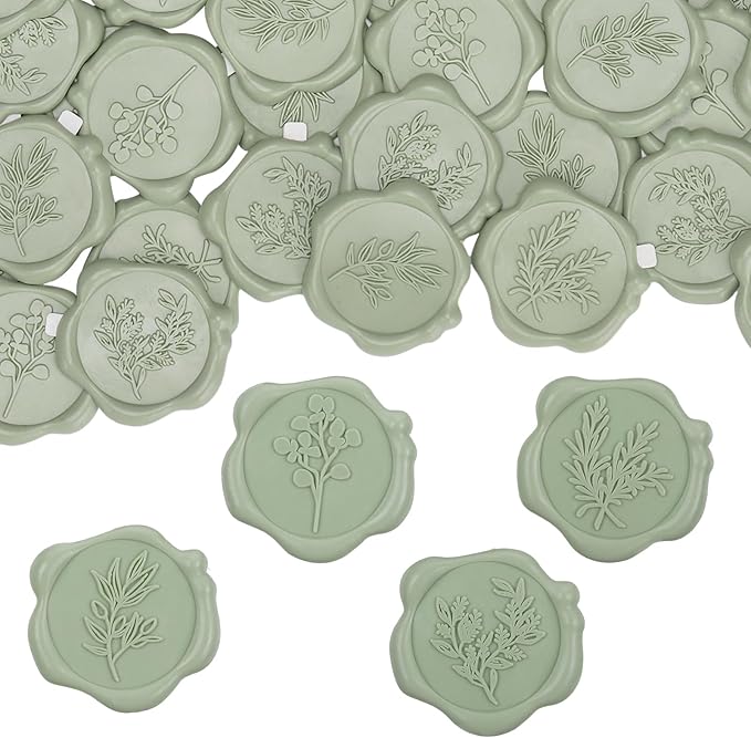 60Pcs Wax Seal Stickers, Wedding Invitation Envelope Seal Stickers Adhesive Backed Sage Green for Wedding, Party,Baby Shower, Gift Wrapping (4 Leaf Styles)