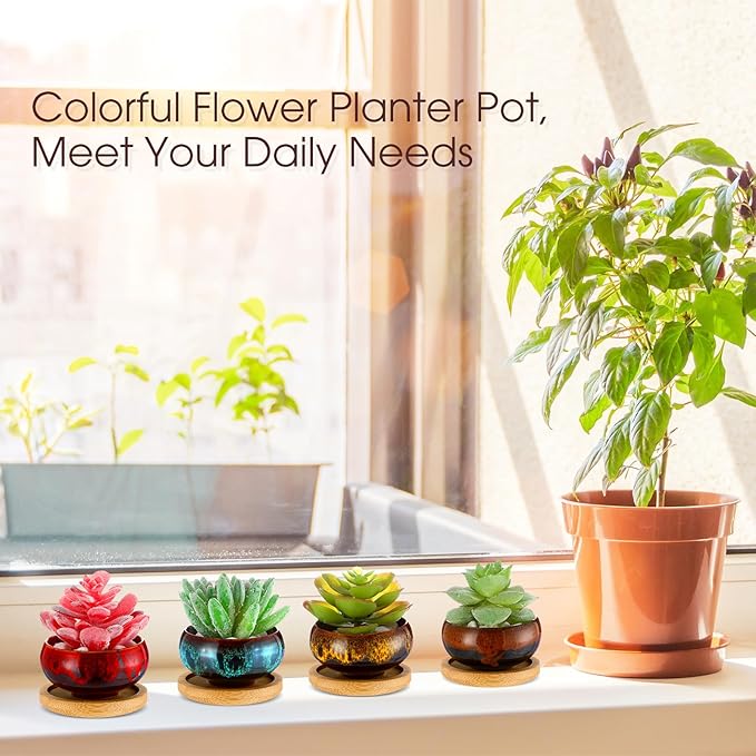24 Pcs Ceramic Succulent Pots 2.5 Inch Small Plant Pots Indoor with Drainage and Bamboo Saucers Colorful Succulent Flower Planters for Garden Plants Home Decor(Round,1.2 Inch H)