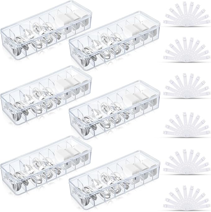 Tatuo 6 Pcs Cord Organizer for Drawer Desktop, Cable Organizer Box with 8 Compartments and Wire Ties, Plastic Charger Storage with Lid, Electronics Case for Home Office Accessories (Small,Clear)