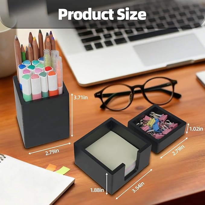 RAWILL 3 PCS Black Wooden Desk Organizer Set, Pine Wood Office Desk Accessories with Pen Holder, Paperclip Storage and Sticky Note Holder,Wood Grain Clear, Ideal Gift for Office and Family