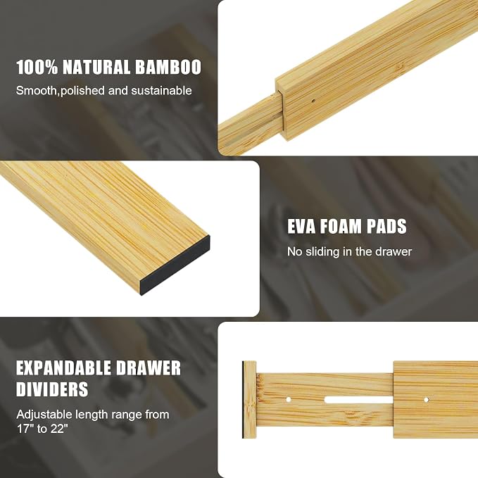 Bamboo Drawer Dividers, Adjustable Drawer Organizers, Fits 17.6–21" Drawers | 2.5" High, 6 Pack Expandable Drawer Separators for Kitchen, Nursery, Dressers & Office Storage, Natural