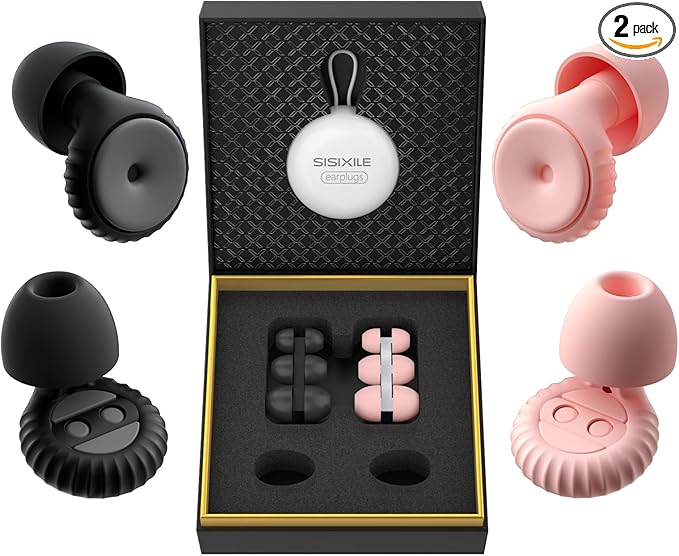 Noise Cancelling Earplugs 2 Pairs for Sleeping, Travel, Office - Soft Silicone Earplugs, 35dB Noise Reduction, Comfortable, Reusable, Multiple Sizes XS/S/M/L for Snoring, Focus & Study - Black & Pink