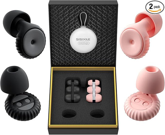 Noise Cancelling Earplugs 2 Pairs for Sleeping, Travel, Office - Soft Silicone Earplugs, 35dB Noise Reduction, Comfortable, Reusable, Multiple Sizes XS/S/M/L for Snoring, Focus & Study - Black & Pink