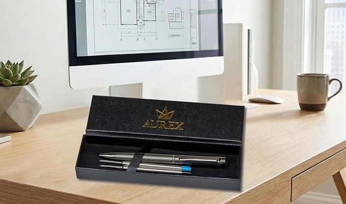 AUREX Luxury Dark Ballpoint Pen – Metal Retractable Pen with Twist Mechanism, Wave Body Design, Gift Box & Blue + Black Ink – Professional Writing Instrument