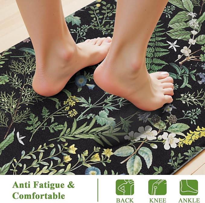 SHACOS Botanical Kitchen Rugs Set of 2, 17x27.5+17x47 inch | Black Green Anti Fatigue Mats for Kitchen Floor, Greenery Plants Ergonomic Cushioned Mats Leaf Floral Farmhouse