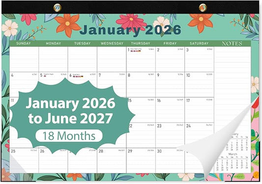 2026 Desk Calendar, Monthly Calendar, 18 Months (Jan 2026 - Jun 2027), Large Desktop Calendar 17" x 12" for Home, Office or School, Watercolor Floral