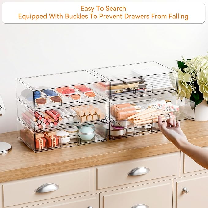12.1''W Clear Stackable Storage Drawers,2 Pack Acrylic Drawer Organizer for Hair Accessories,Makeup Organizers,Plastic Organizer Bins for Vanity,Bathroom,Cabinet,Desktop,Office Supply Organizer