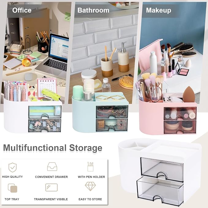 Meiikun Desk Organizer with Drawer, Pen Organizer for Desk, Small Pencil Holder, Desk Organizers and Accessories for Office Home Storage (2 Drawers+4 Compartments, White)