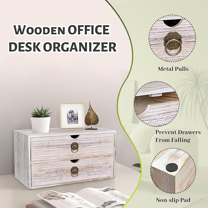 Wood Desk Organizer, Vintage Brown Wooden Desktop Organizer with Drawer, Tabletop Storage Organization Box for Countertop, Home Office Supplies, Bills (2 Drawer)