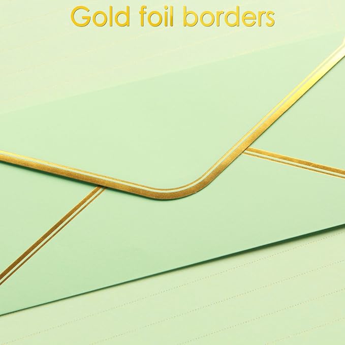 J6&H6 Gold Thread Stationary Paper and Envelopes Set Including 12 Standard Sized Phnom Penh Envelopes and 24 Sheets of Lined Paper Suitable for Daily Emotional Expression Formal Communication(green)