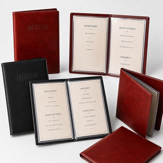 2-Pack Mahogany Red Vegan Leather Menu Cover with Embossed MENU Design 8.5x11 4 Page 8 View Clear Sleeves Restaurant Menu Holder Presentation Folder Portfolio Binder Sheet Music Professional