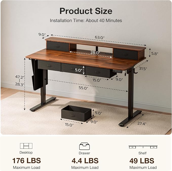 63x32 Inch Electric Standing Desk with 5 Drawers, Sit Stand Desk with Power Outlets, Monitor Shelf, LED Light and Cable Management, Height Adjustable 28.3-47.2 Inch for Home & Office, Walnut