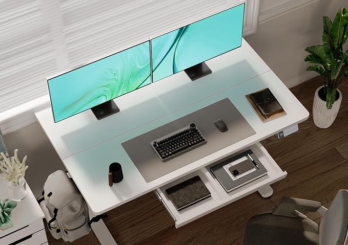 Claiks Standing Desk with Drawers, 48x24 Inch Electric Stand Up Desk, White Adjustable Height Sit Stand Computer Workstation, White | Steel frame supports 176 lbs, 28.3-46.5 inch height range, 3 memory settings, 45 dB motor