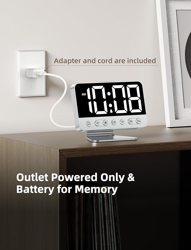 Odokee Digital Alarm Clocks for Bedrooms: Easy to Read Across The Room | Large Bold Number 5 Brightness Dimmer - 8 Night Light 5 Sound - Loud Alarm for Heavy Sleepers with Adjustable Volume - Silver