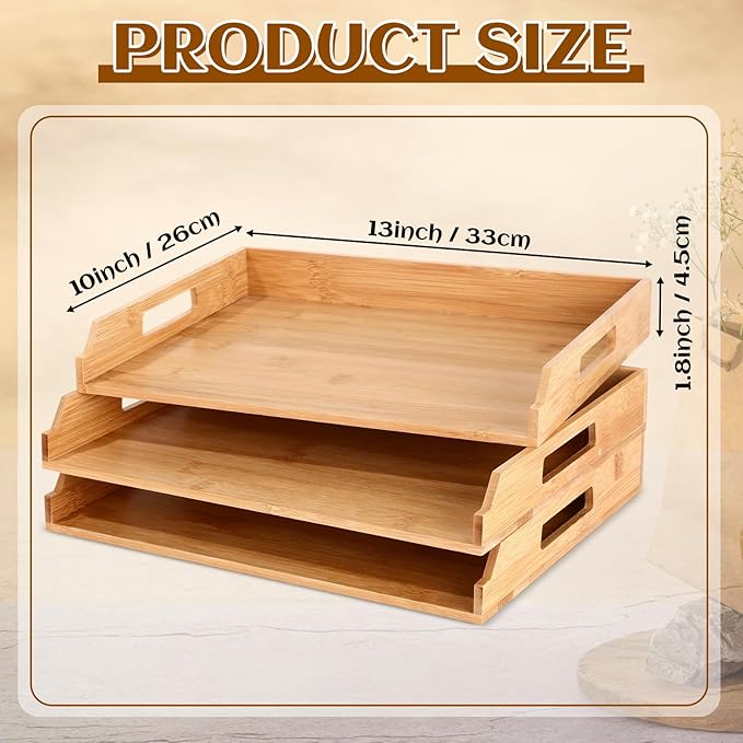 3 Pcs Stackable Paper Tray Bamboo Wood Desk Organizer Letter Tray 3 Tier Wooden File Organizer Desk Shelf for Documents, Letter Sorter, Envelopes and Magazine Holder