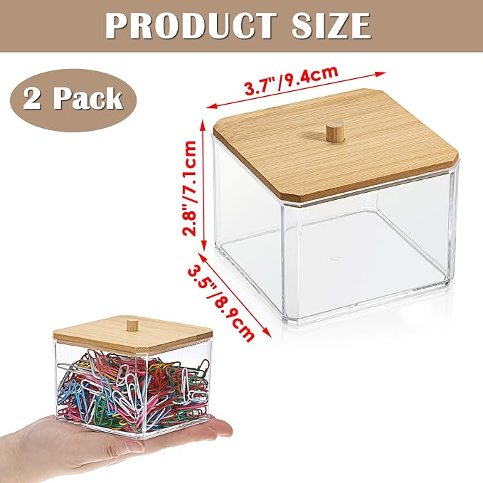 BTSKY 2 Pack Clear Stackable Paper Clip Holder with Bamboo Lid Paperclip Box Thick Acrylic Office Supply Accessory Organizer Square Small Storage Holder Cute Qtip Holder for Office Bathroom Vanity