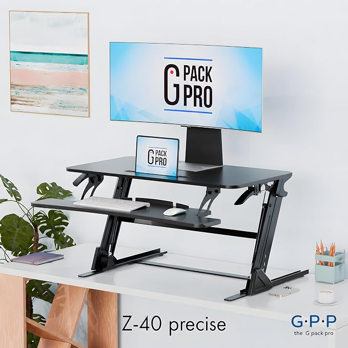 Standing Desk Converter 40 Inch, Height Adjustable to 17.3 Inches | Dual Monitor Work Surface With Keyboard Tray, Steel Frame, and Smooth Manual Lift for Home Office Setups