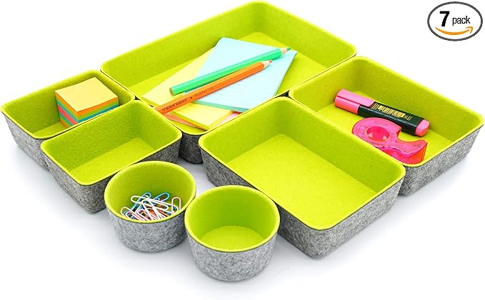 Welaxy Drawer organizer bin felt trays desk storage dividers for home office supplies Nightstand sort catchall entryway 7-piece Pack gift idea (Green)