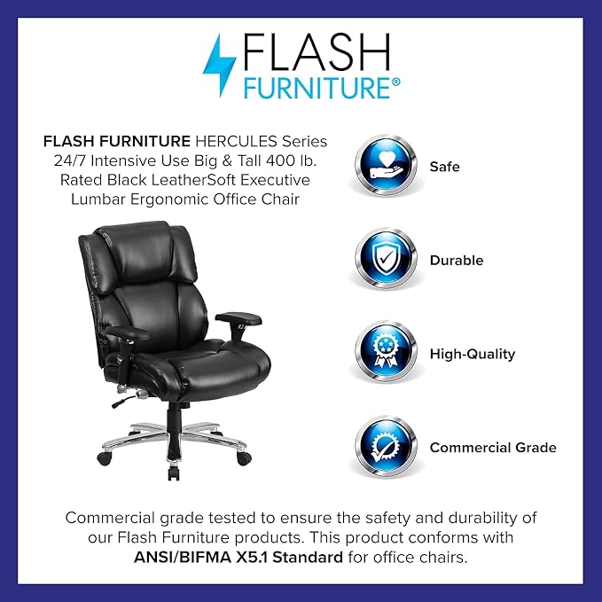 Flash Furniture Hercules Series 24/7 Intensive Use LeatherSoft Swivel Office Chair, Ergonomic High-Back Executive Chair with Padded Seat/Arms, Black
