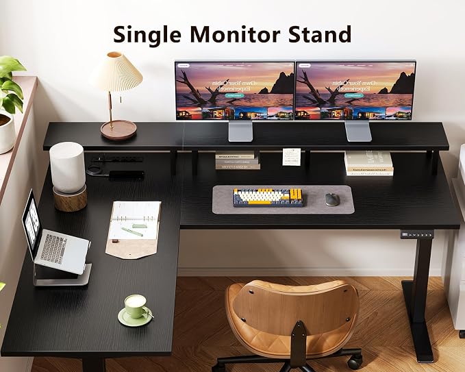 AODK Electric L Shaped Standing Desk with Monitor Stand, 59 Inch Height Adjustable Corner Desk with Power Outlets, Large Sit Stand Table, Reversible Computer Desk for Home, Office, Black