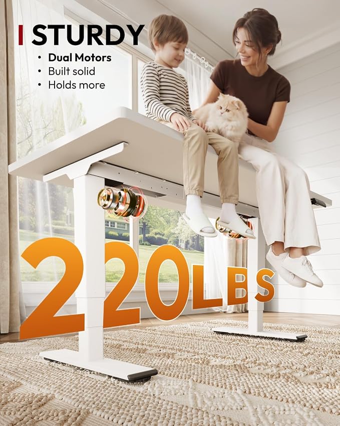 SANODESK Dual Motor Standing Desk 220lbs Height Adjustable Desk | 48"x30" Spacious One-Piece White Desktop & White Frame, 4 Memory Presets, 3-Stage Legs, 220lbs, 2-Box for Home & Office