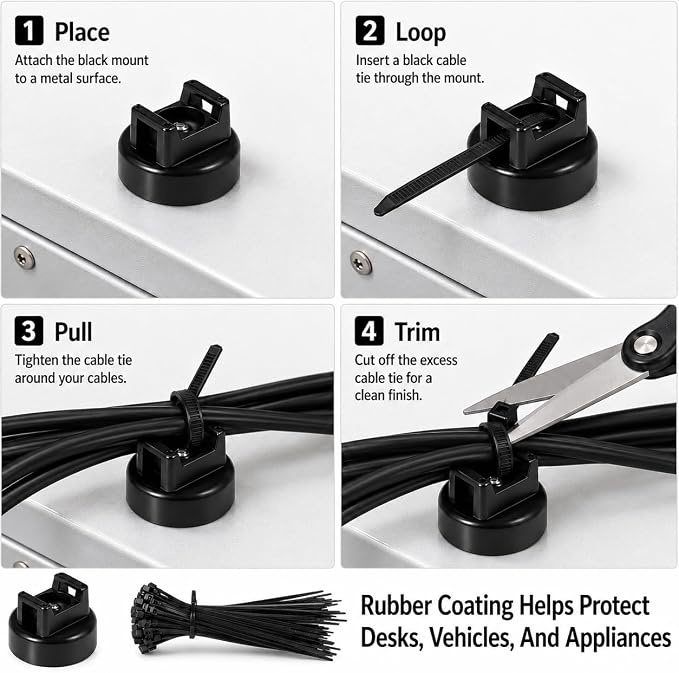 Magnetic Cable Zip Tie Mounts, 35 Pcs Magnet Bases with 200 Pcs Cable Ties, Multipurpose Wire Management Organizer for Desk PC Home Office, Adhesive-Free Cable Clips Holder