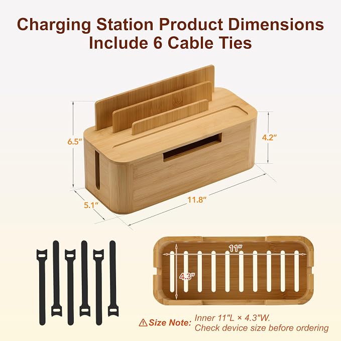 Bamboo Charging Docking Station, Multiple Device Desktop Organizer with Cable Management, Compatible with Phone, Tablet, Watch, Earbuds, Home Office Nightstand