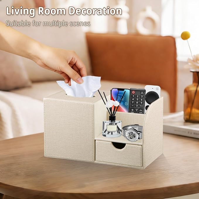 Nightstand Organizer with Tissue Holder,PU Leather Square Tissue Box Cover | Modern Facial Paper Organizer Storage Box for TV Remote Control,Bathroom,Vanity Countertop,End Table,Home and Office Decor