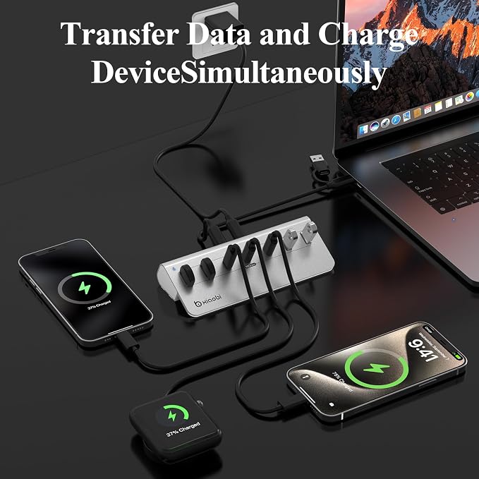 USB C Hub,Powered USB Hub with 5V 3A Power Adapter, 10Gbps USB Splitter with 4 USB-A and 3 USB-C Ports, 7-Port Type C Multiport Adapter for MacBook Air/Pro, iPhone 16/15, Laptop and More(Silver)