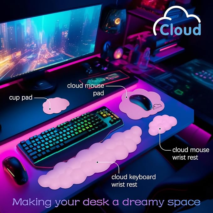Cloud Wrist Rest Keyboard Palm Rest with Non-Slip Base for Computer Gaming Wrist Rest, YAMJUG Cloud Arm Rest Keyboard Wrist Pad Purplish Pink