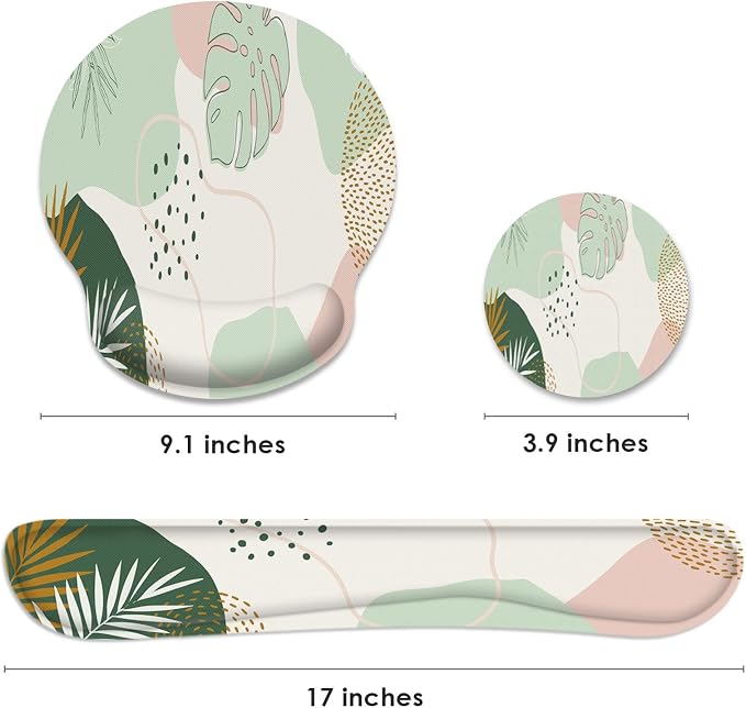 Britimes Green Boho Leaves Ergonomic Mouse Pad Set with Wrist Rest Non-Slip Rubber Base Wrist Cushion Support and Coasters Mousepad with Wrist Support for Computer Keyboard and Desk