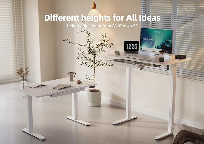 YDN Standing Desk with Drawers, 55 x 24 Inch Electric Adjustable Height Stand Up Desk, Sit Stand for Home Office, White