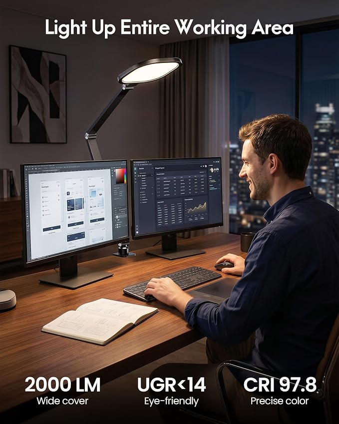LED Desk Lamp for Home Office with Clamp, Remote, 30 Modes | Eye-Care, Pro Lighting for Zoom Meeting, Video Streaming, Recording, Flexible Arm, Memory, 2000LM, CRI 97.8