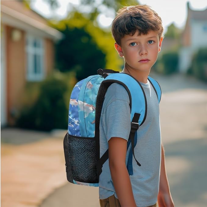 Ystardream 4 Pcs Boys Backpack with Lunch Box Elementary School Cartoon Shark Backpack with Comfortable Adjustable Straps School Bag with Pencil Box & Water Bottle Sleeve for Boys&Girls Student