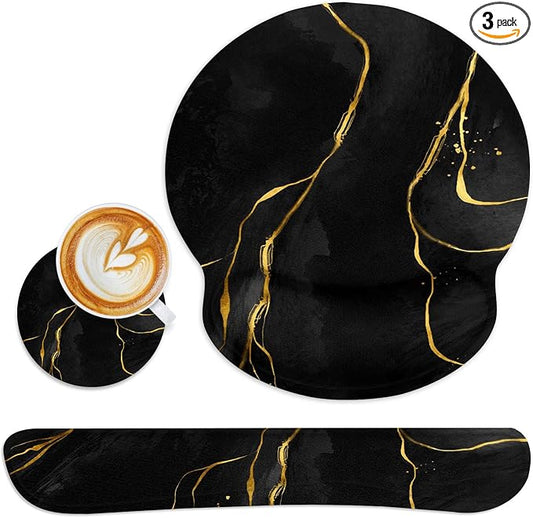 Britimes Black Gold Marble Ergonomic Mouse Pad Set with Wrist Rest Non-Slip Rubber Base Abstract Modern Wrist Cushion Support and Coasters Mousepad with Wrist Support for Computer Keyboard and Desk