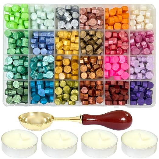 24 Colors Sealing Wax Beads for Wax Seal Stamp with 4Pcs Tea Candles and 1 Pcs WaxMelting Spoon for Gift, Wedding Invitation,Letter Envelopes,Sealing Wine Bottle