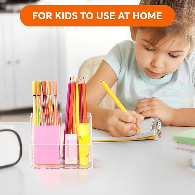 Pen Holder for Desk, Clear Acrylic Pencil Holder for Desk, Marker Holder with 3 Compartments, Pencil Organizer for Home, Office, Classroom, Bathroom | for Desk