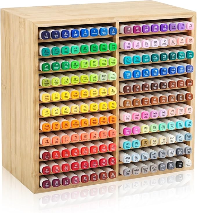 11-Tier Bamboo Marker Organizer with 22 Compartments - Holds 176 Art Markers, No Assembly Horizontal Storage Marker Rack, Bamboo Pen Holder for Desk, Classroom & Office Stationery