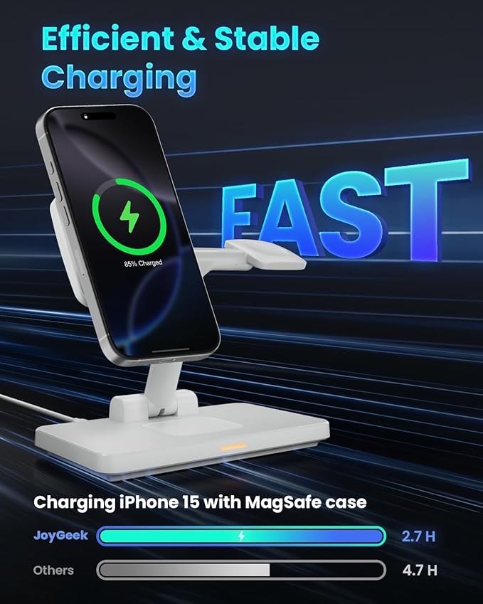 MagSafe 3 in 1 Wireless Charging Station: JoyGeek Portable Foldable Stand for iPhone 17 16 15 14 13 Pro Max Plus, Apple Watch, AirPods Pro (White)