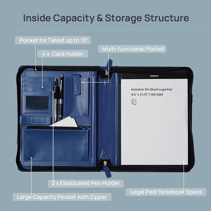 POPRUN Portfolio Organizer with Handle, PU Leather Padfolio Binder Including 50 Page Writing Pad, Document Tablet Business Card Storage Folder for Office Conference, Blue
