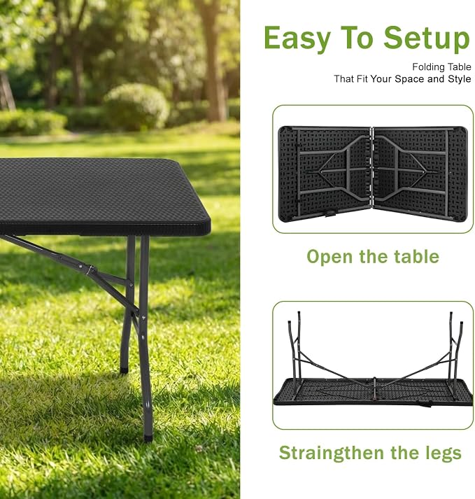 FDW 6FT Plastic Folding Table, Portable with Carrying Handle Perfect for Indoor, Outdoor, Party, Dining, Wedding, Events, Camping, Black Ratten