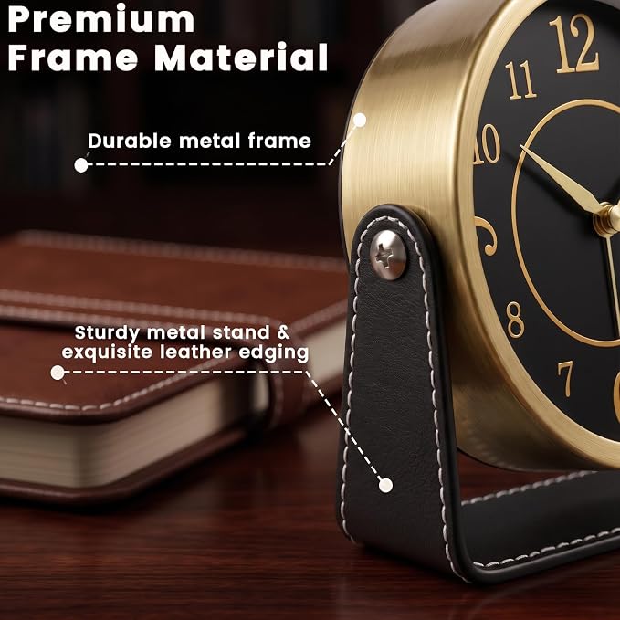 Analog Alarm Clock - 4.5" Silent Non Ticking Small Clock with Light, Rotatable Stand Metal Desk Clock Battery Operated, Simple Design for Living Room Decor/ Bedroom/Bedside/Shelf (Gold & Black)