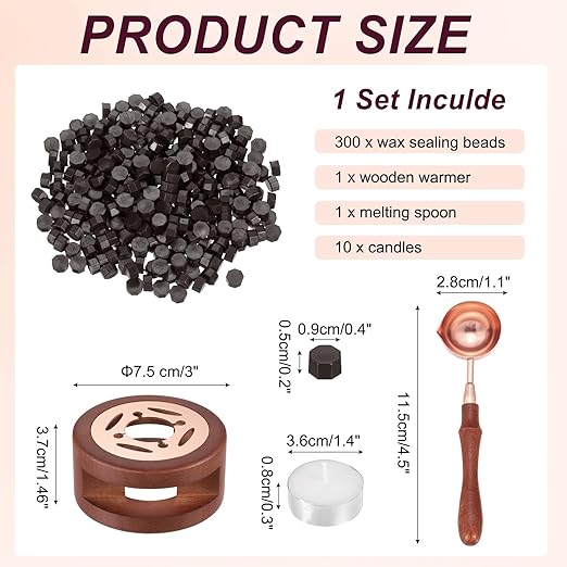 PATIKIL Wax Seal Kit, 300 Pcs Wax Sealing Beads, Wooden Warmer, Melted Spoon, 10 Pcs Tealight Candles for Envelope Letter Mailing Crafts DIY, Coffee